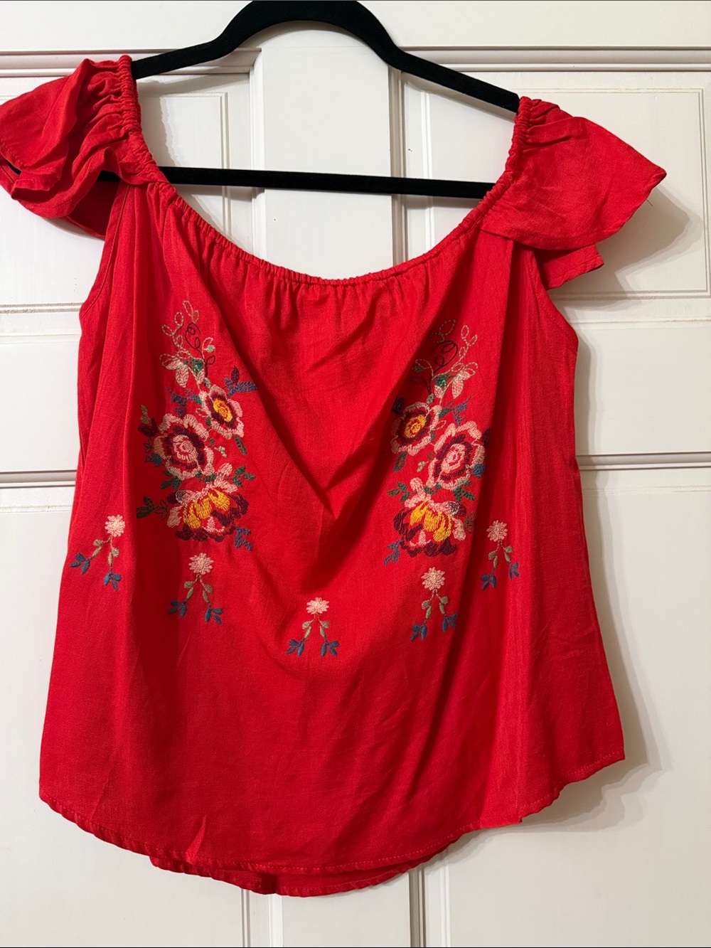 mine Red Floral Embroidered Off-Shoulder Top